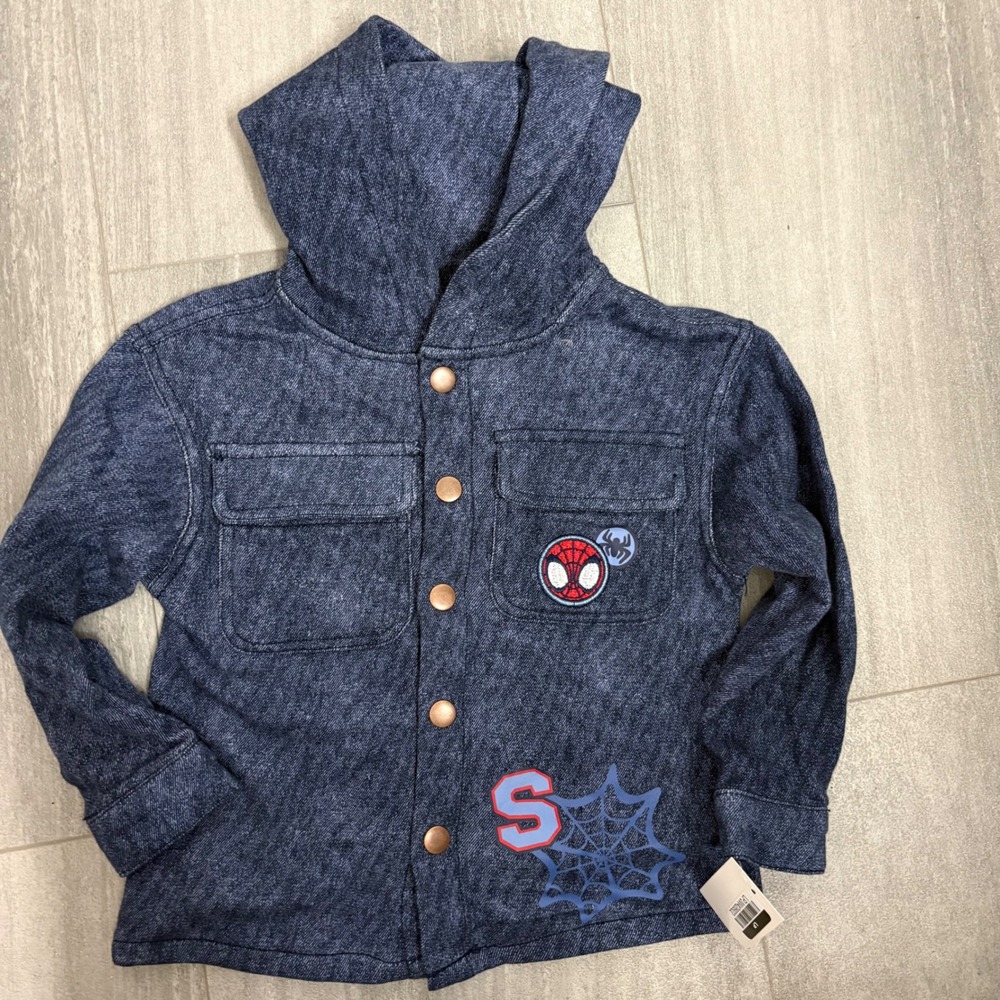 Marvel Spider-Man Toddler Boys Blue Acid Wash Hooded Snap‎ Front Jacket 3T NEW